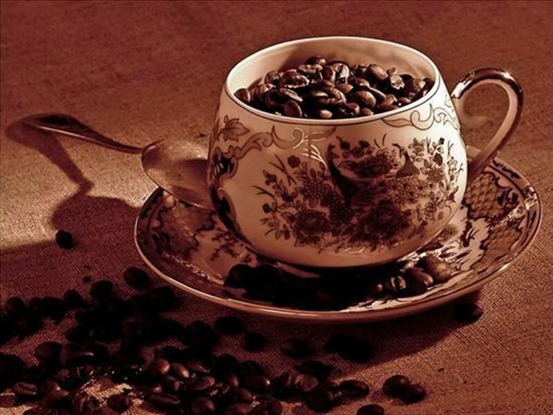 Coffee Cup with Beans — Brown, Dramatic, Photograph, Saucer