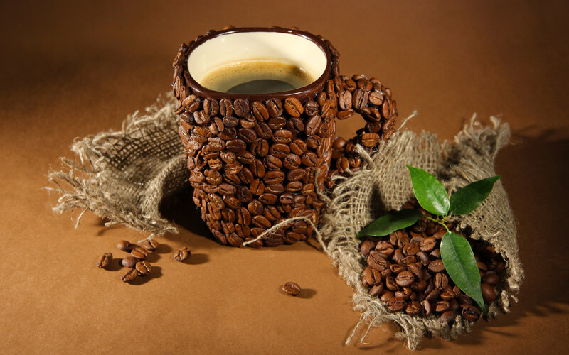 Coffee Cup with Beans — Brown, Warm, Photograph, Coffee Beans, Burlap