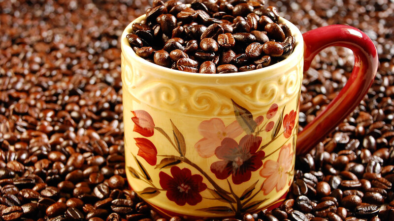 Coffee Cup with Beans — Brown, Warm, Photograph, Coffee Beans, Floral Pattern