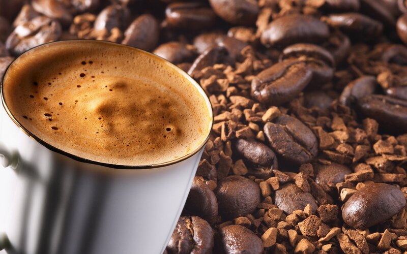 Coffee Cup with Beans — Brown, Warm, Photograph, Coffee Beans, Ground Coffee, Foam, White