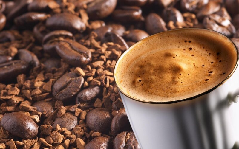 Coffee Cup with Beans — Brown, Warm, Photograph, Ground Coffee, Foam