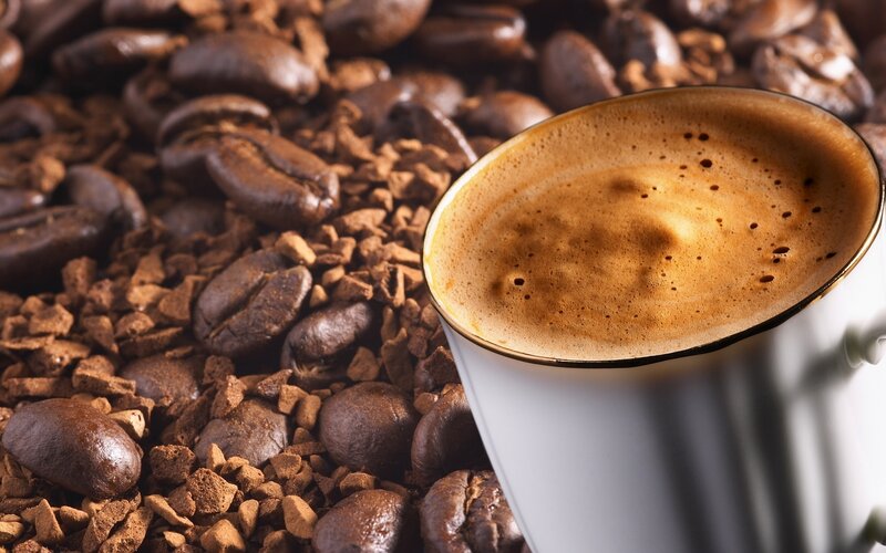 Coffee Cup with Beans — Brown, Warm, Photograph, Ground Coffee