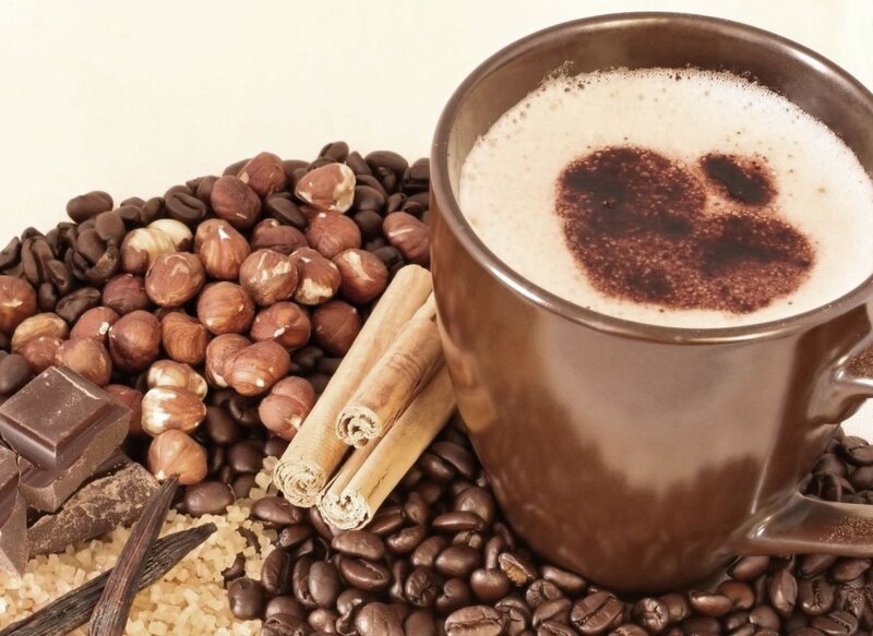 Coffee Cup with Beans — Brown, Warm, Photograph, Hazelnuts