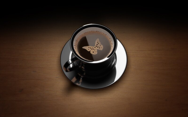 Coffee Cup with Butterfly — Brown, Dramatic, Photograph