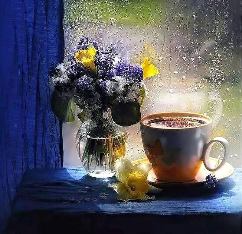 Coffee Cup with Flowers — Blue, Serene, Morning