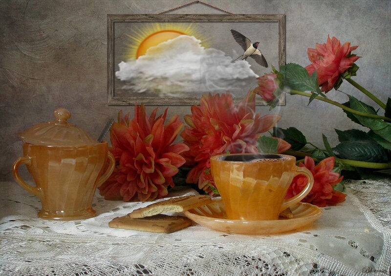 Coffee Cup with Flowers — Orange