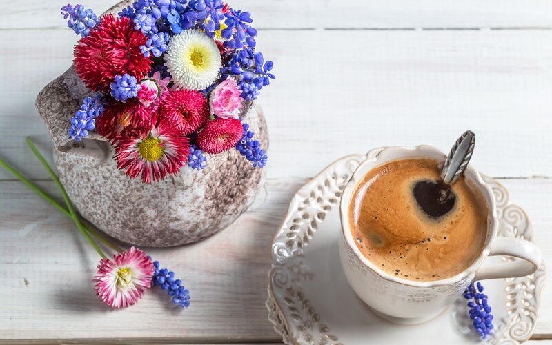 Coffee Cup with Flowers — White, Calm, Morning