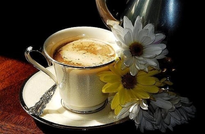 Coffee Cup with Flowers — White, Dramatic, Morning