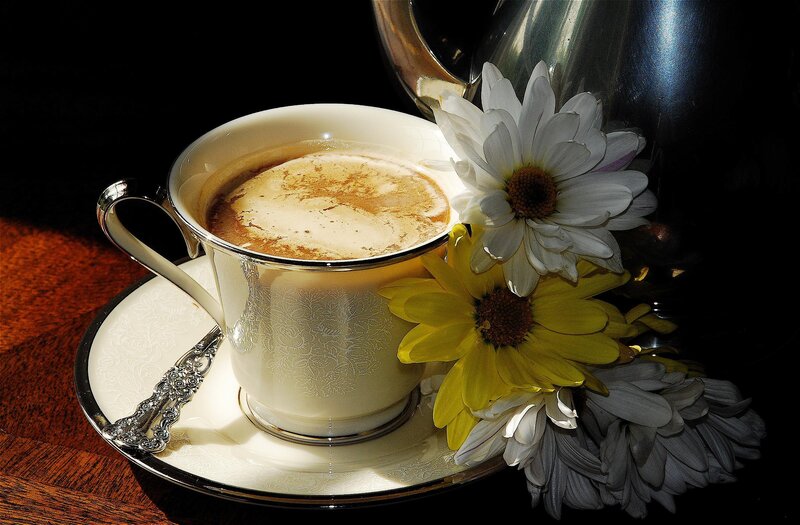 Coffee Cup with Flowers — White, Dramatic