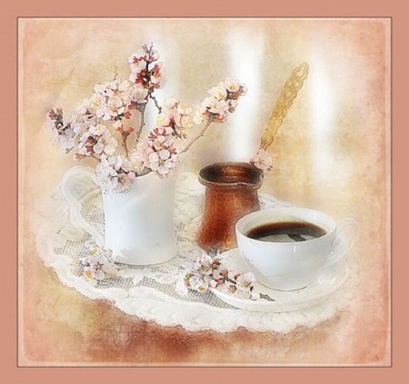 Coffee Cup with Flowers — White, Serene, Morning, Painting