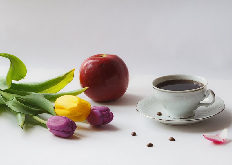 Coffee Cup with Flowers — White, Serene, Morning, Photograph, Apple