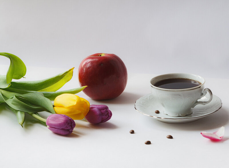 Coffee Cup with Flowers — White, Serene, Morning, Photograph, Apple, Tulips