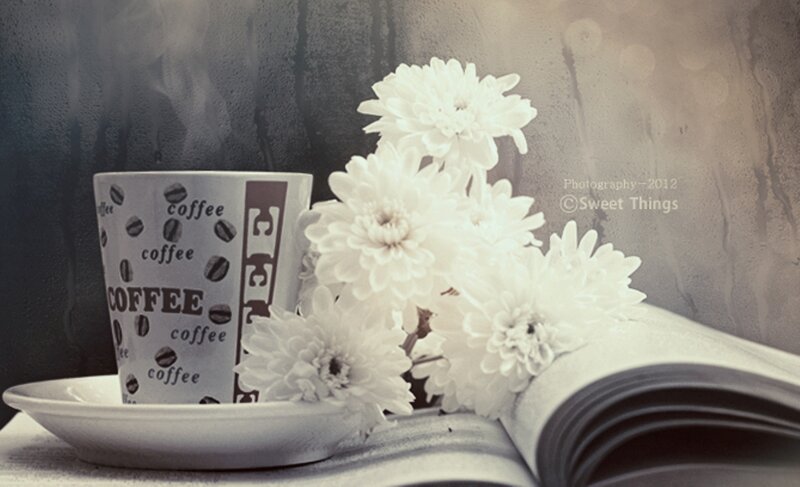 Coffee Cup with Flowers — White, Serene, Morning, Photograph, Book