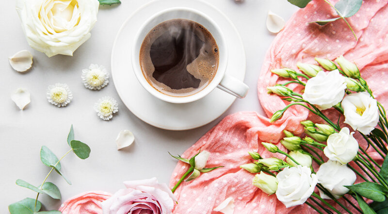 Coffee Cup with Flowers — White, Serene, Morning, Photograph, Rose, Eucalyptus