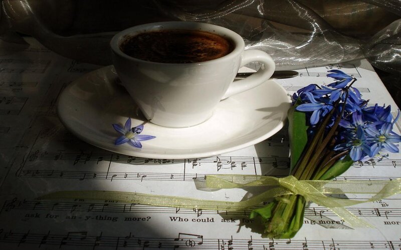 Coffee Cup with Flowers — White, Serene, Morning, Photograph, Sheet Music