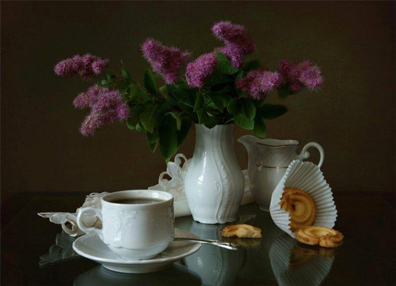 Coffee Cup with Flowers — White, Serene, Photograph