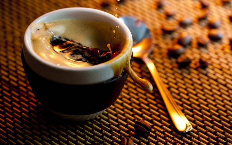 Coffee Cup with Foam — Brown, Warm, Photograph, Spoon, Coffee Beans