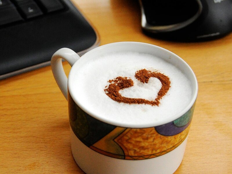 Coffee Cup with Heart — Brown, Calm, Photograph, Keyboard