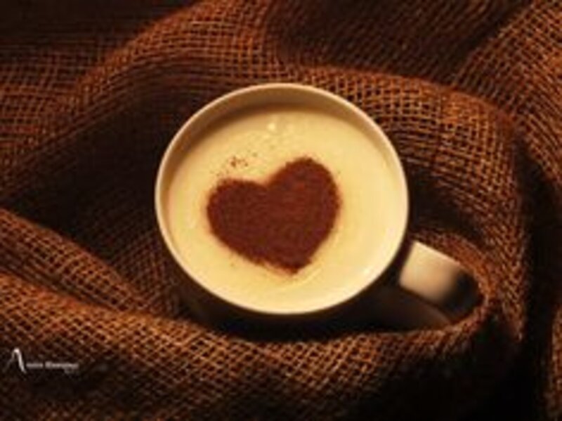 Coffee Cup with Heart — Brown, Cozy, Photograph, Burlap
