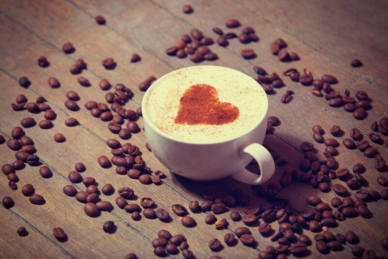 Coffee Cup with Heart — Brown, Cozy, Photograph, Coffee Beans, Wooden Surface