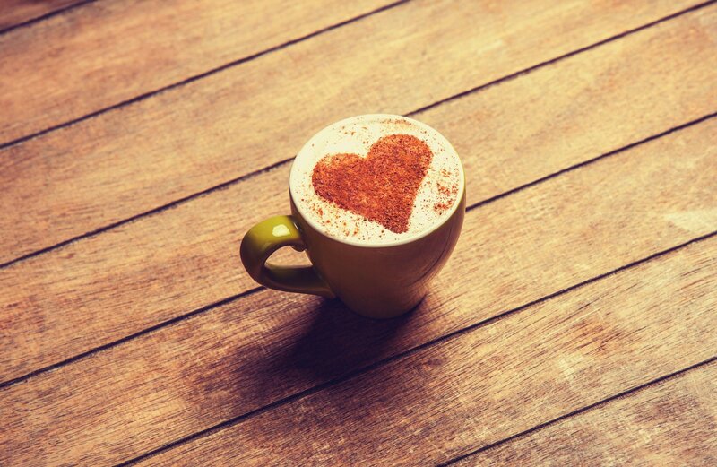 Coffee Cup with Heart — Brown, Cozy, Photograph, Wooden Table, Cinnamon