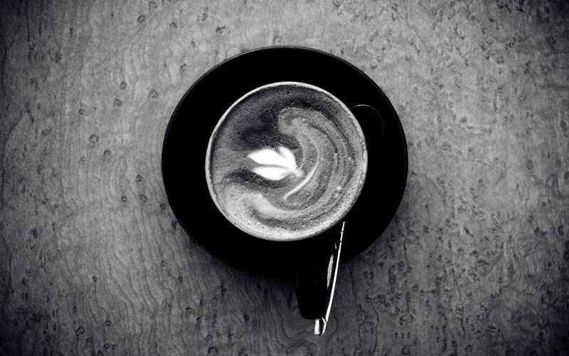 Coffee Cup with Latte Art — Black, Calm, Photograph, Saucer, Spoon