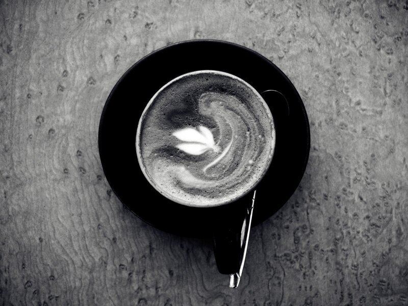 Coffee Cup with Latte Art — Black, Calm, Photograph, Saucer, Spoon, White