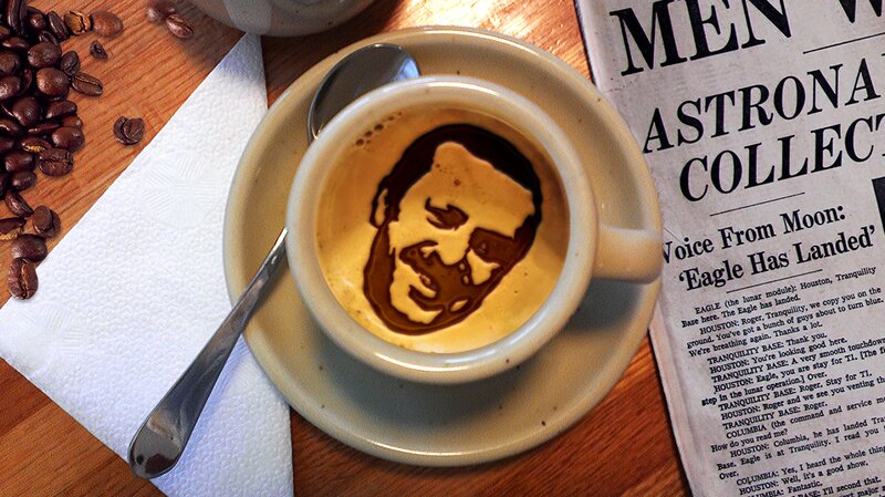 Coffee Cup with Latte Art — Brown, Calm, Photograph, Coffee Beans, Newspaper