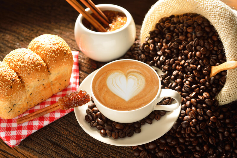 Coffee Cup with Latte Art — Brown, Cozy, Morning, Photograph, Bread Rolls
