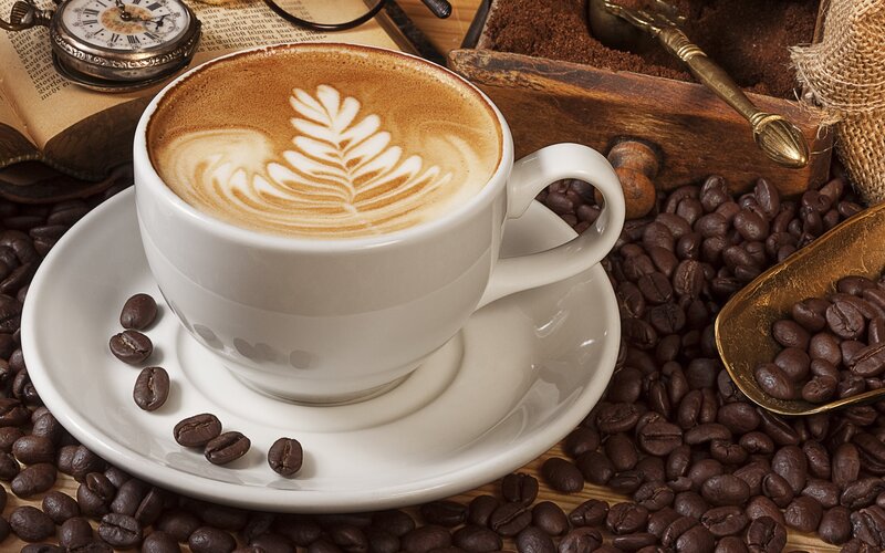 Coffee Cup with Latte Art — Brown, Cozy, Photograph, Coffee Beans, Book