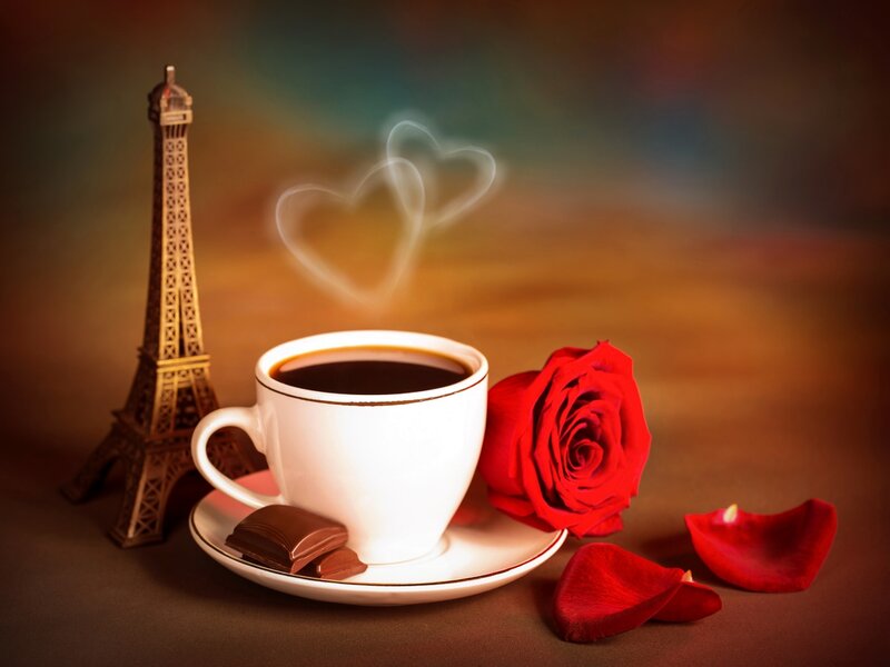 Coffee Cup with Rose — Red, Romantic, Photograph, Eiffel Tower Model, Chocolate