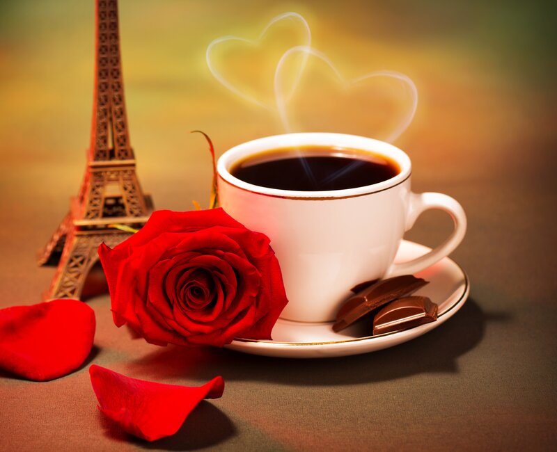 Coffee Cup with Rose — Red, Romantic, Photograph, Eiffel Tower Model