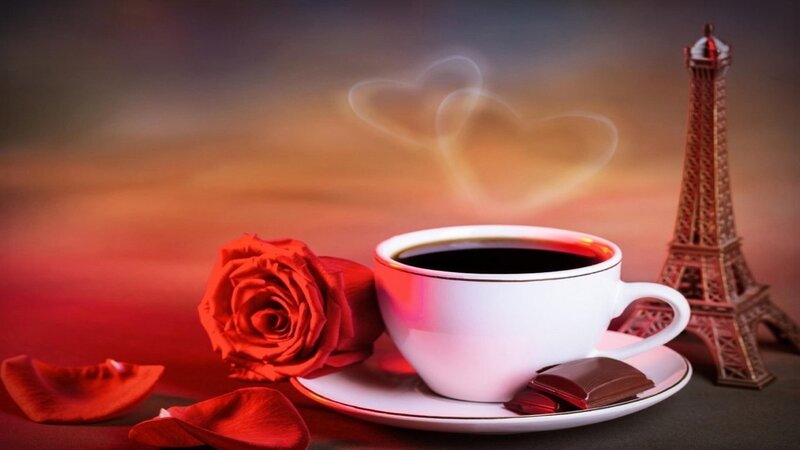 Coffee Cup with Rose — Red, Romantic, Sunset, Photograph