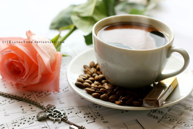 Coffee Cup with Rose — White, Serene, Morning, Photograph, Music Sheet