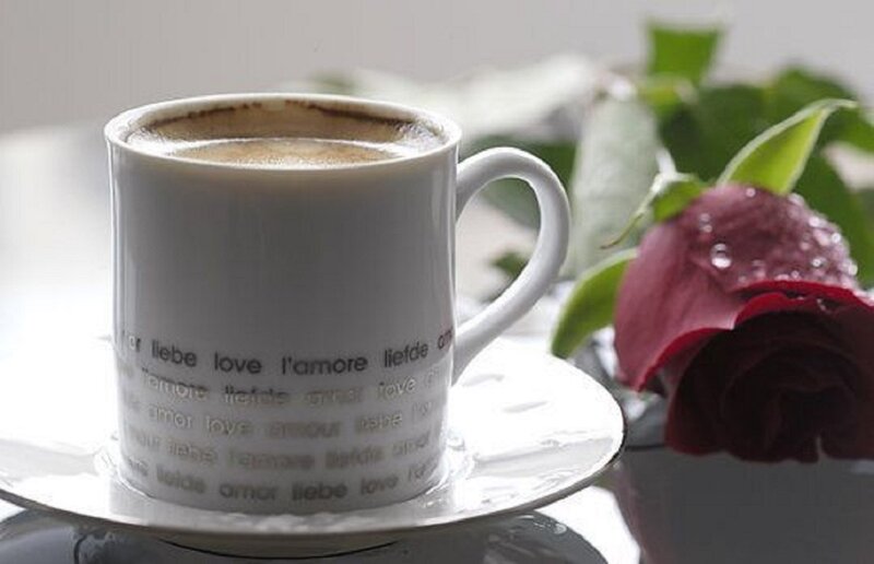 Coffee Cup with Rose — White, Serene, Morning, Photograph, Saucer