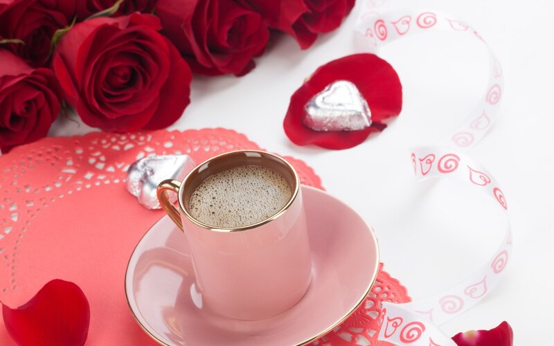 Coffee Cup with Roses — Red, Romantic, Photograph