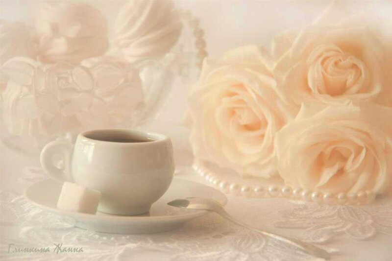 Coffee Cup with Roses — White, Serene, Morning