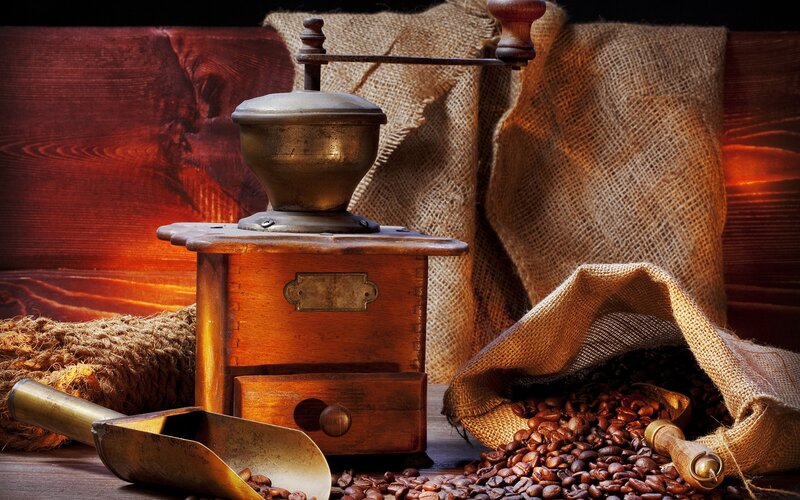 Coffee Grinder and Beans — Brown, Dramatic, Photograph