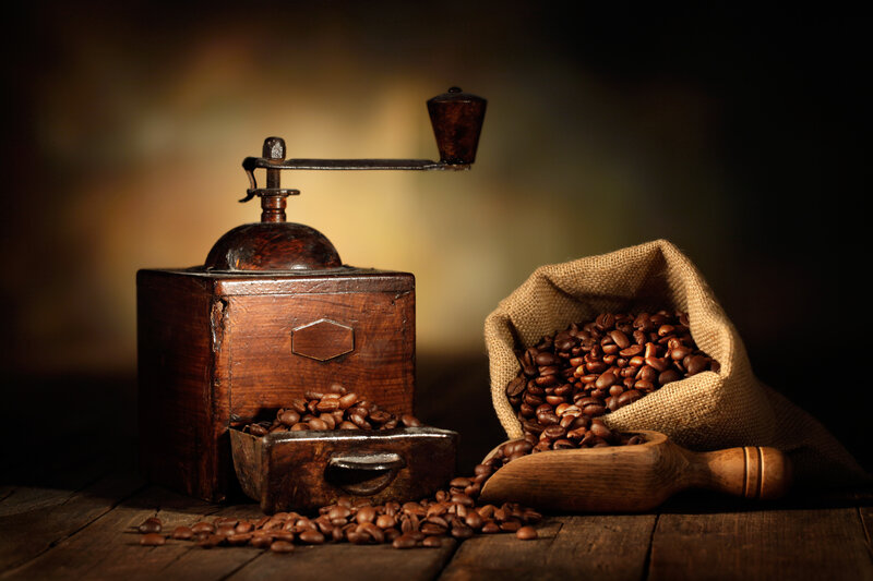 Coffee Grinder and Beans — Brown, Dramatic