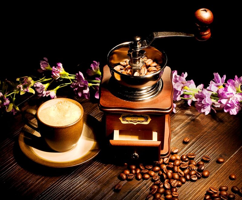 Coffee Grinder and Cup — Brown, Dramatic