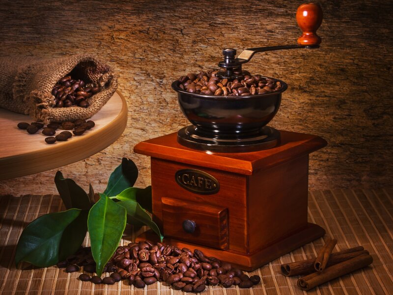 Coffee Grinder with Beans — Brown