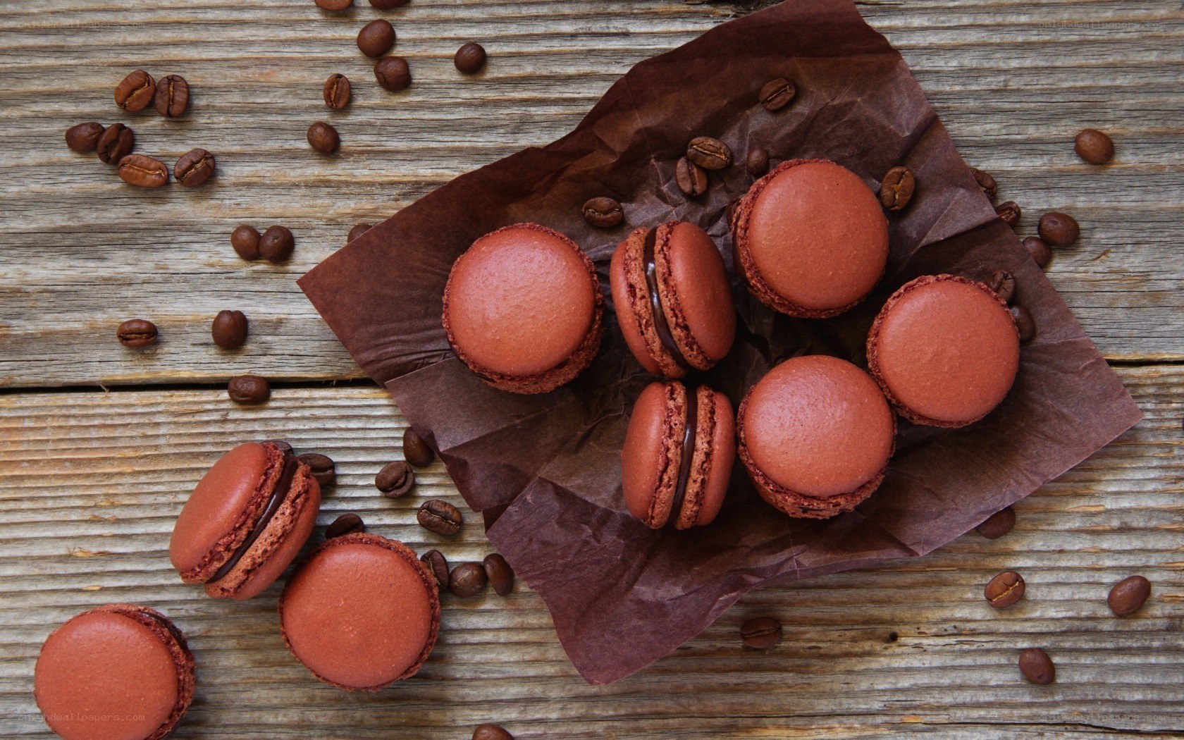 Coffee macarons on wood