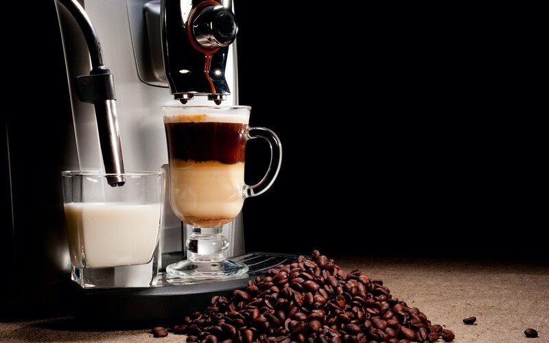 Coffee Machine Pouring Drink — Black, Dramatic, Photograph