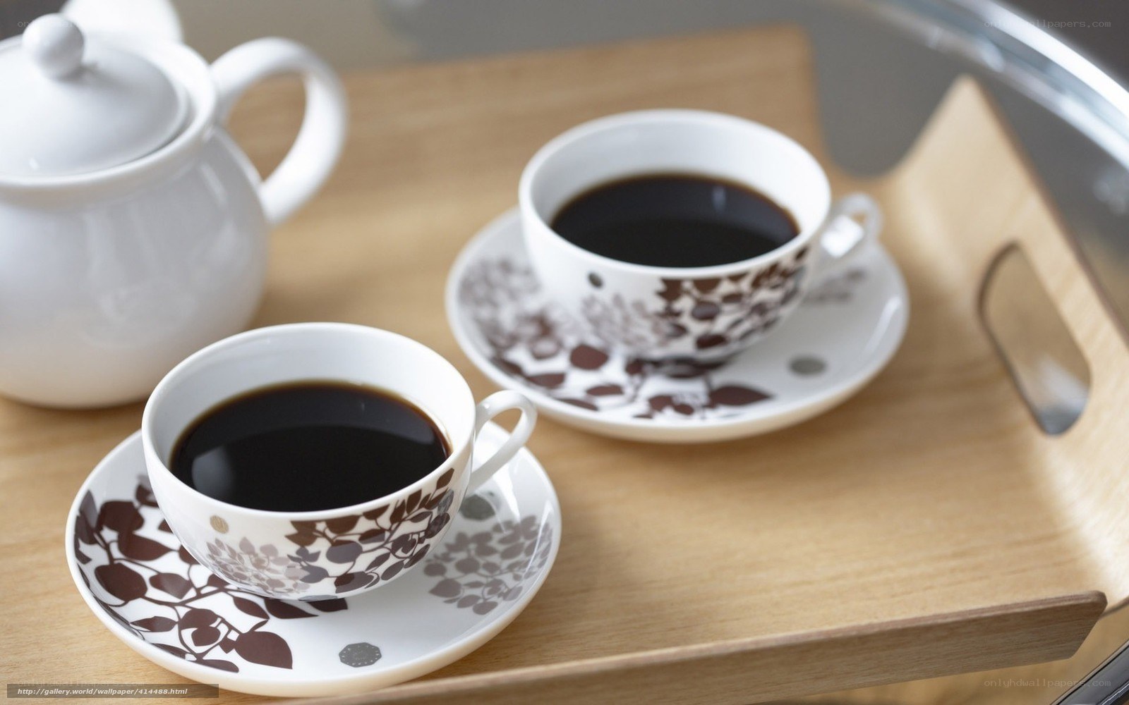 Coffee set on wooden tray