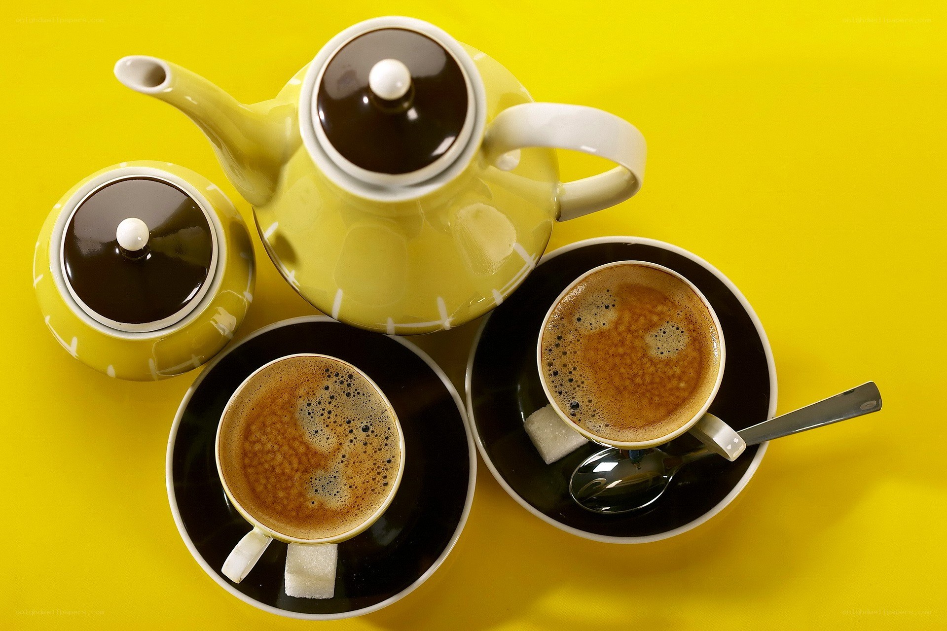 Coffee set on yellow background