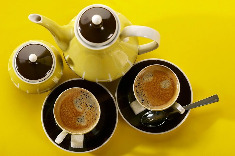 Coffee Set on Yellow — Calm, Photograph