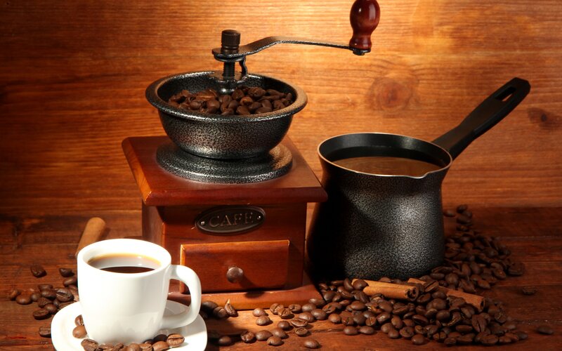 Coffee Setup on Wood — Brown