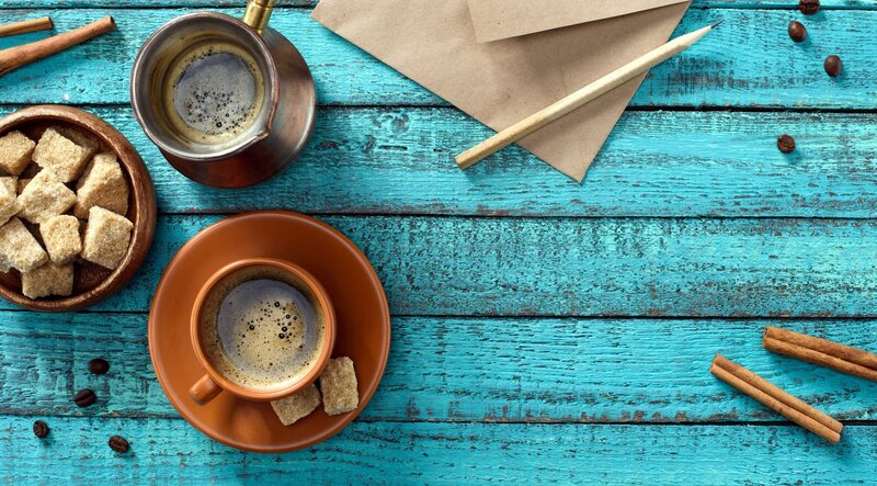 Coffee Setup on Wooden Table — Blue