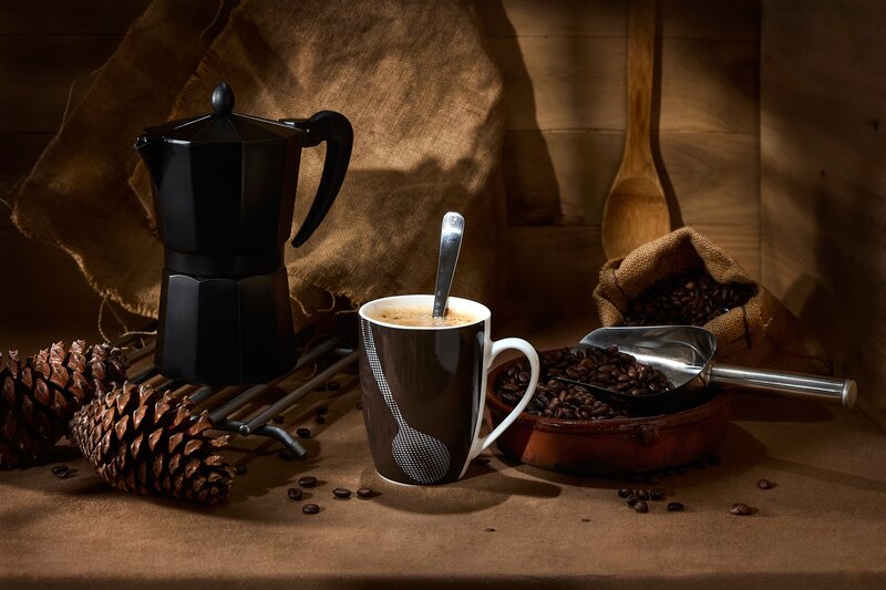 Coffee Setup with Beans — Brown, Dramatic, Photograph
