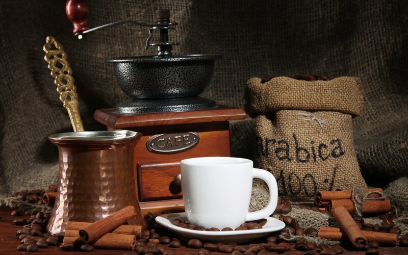 Coffee Setup with Beans — Brown, Dramatic